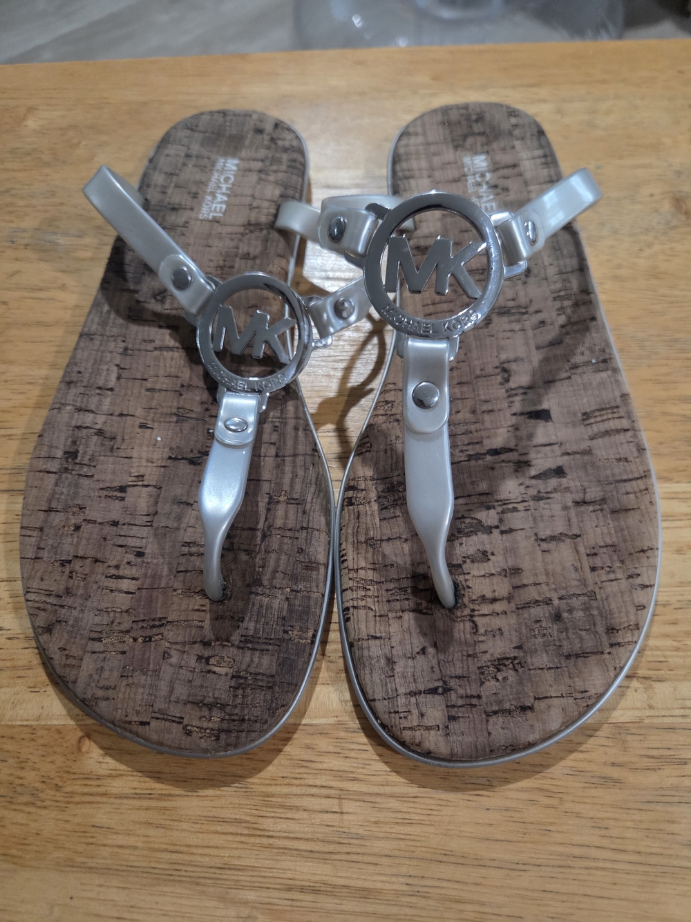 Michael Kors Silver Logo Cork-Textured Thong Sandals